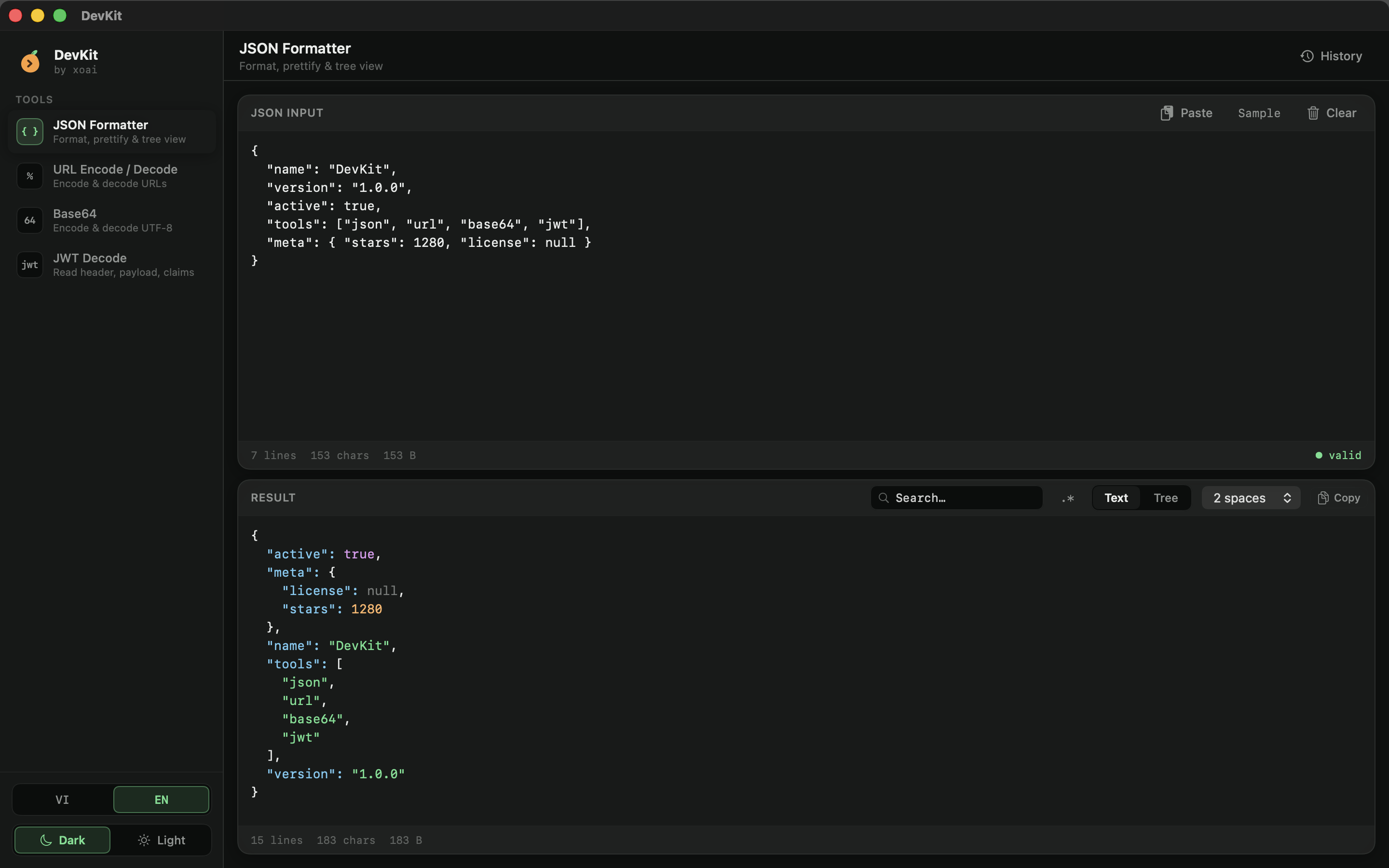 DevKit app window in dark mode, formatting JSON
