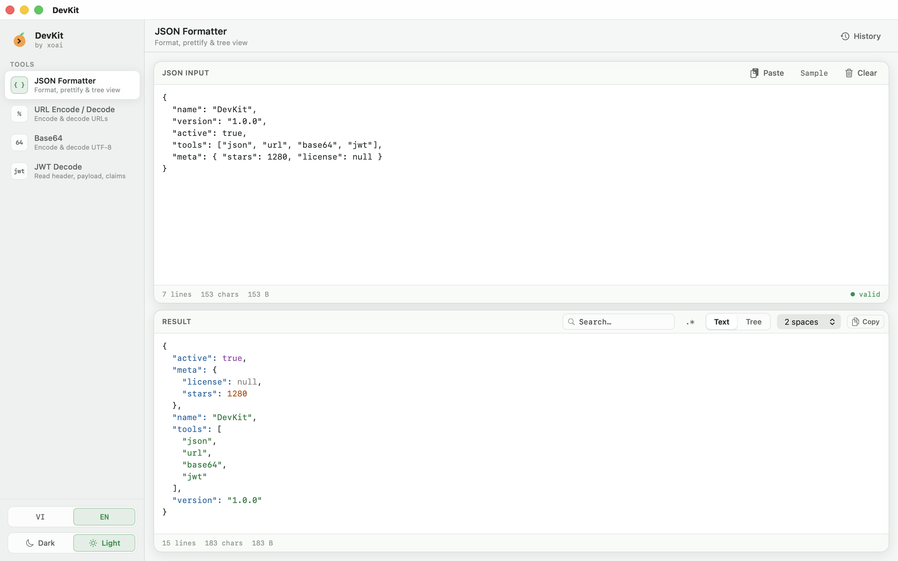 DevKit app window in light mode, formatting JSON